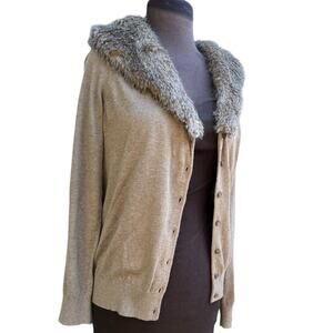 Y2K Ann Taylor Glam Faux Fur Collar Mob Wife Old Money Boho Oatmeal Cardigan M